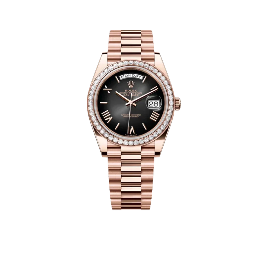 Day-Date 40 228345 Rose Gold Black Dial Diamond Bezel