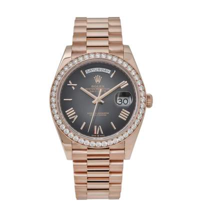 Day-Date 40 228345 Rose Gold Black Dial Diamond Bezel
