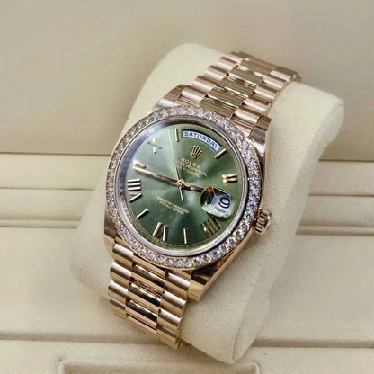 Day-Date President 40mm Everose Gold Olive Green Roman Dial Diamond Bezel - 228345RBR - New 2025