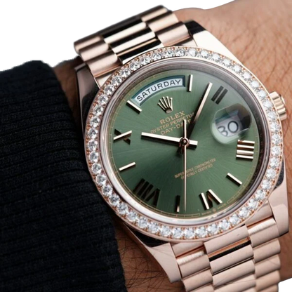 Day-Date President 40mm Everose Gold Olive Green Roman Dial Diamond Bezel - 228345RBR - New 2025