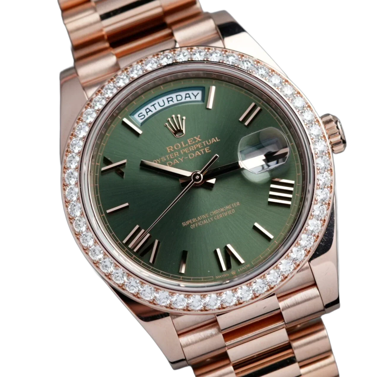 Day-Date President 40mm Everose Gold Olive Green Roman Dial Diamond Bezel - 228345RBR - New 2025
