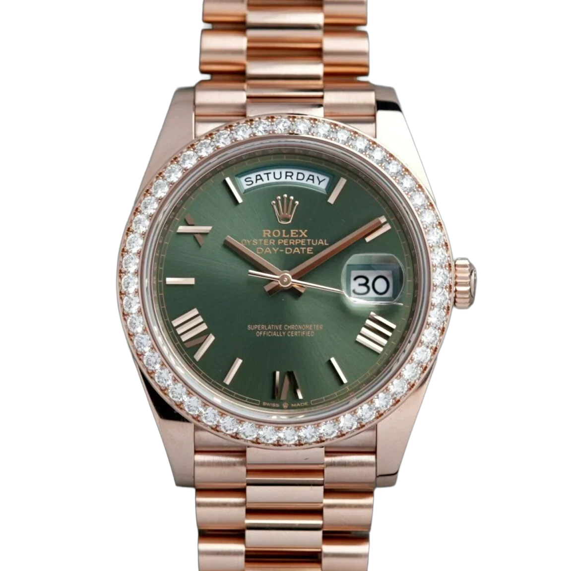 Day-Date President 40mm Everose Gold Olive Green Roman Dial Diamond Bezel - 228345RBR - New 2025