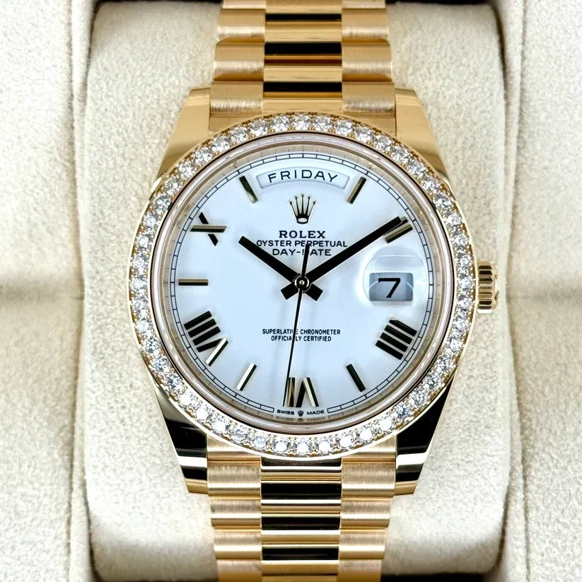 Day-Date 40 228348RBR Yellow Gold Diamond Bezel White Dial