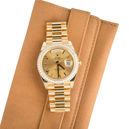 Day-Date 40 228348RBR Yellow Gold Diamond Bezel Champagne Roman Dial