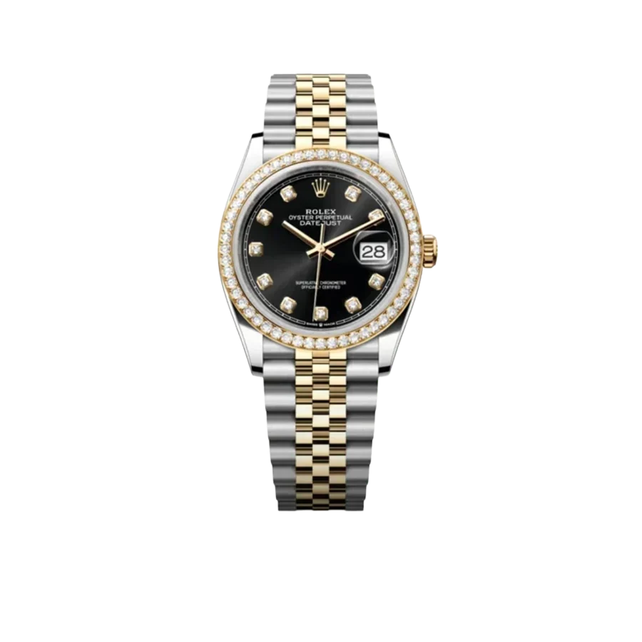 Datejust 36mm Black Dial Steel Yellow Gold Diamond Mens Watch 116243