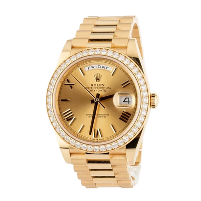 Day-Date 40 228348RBR Yellow Gold Diamond Bezel Champagne Roman Dial