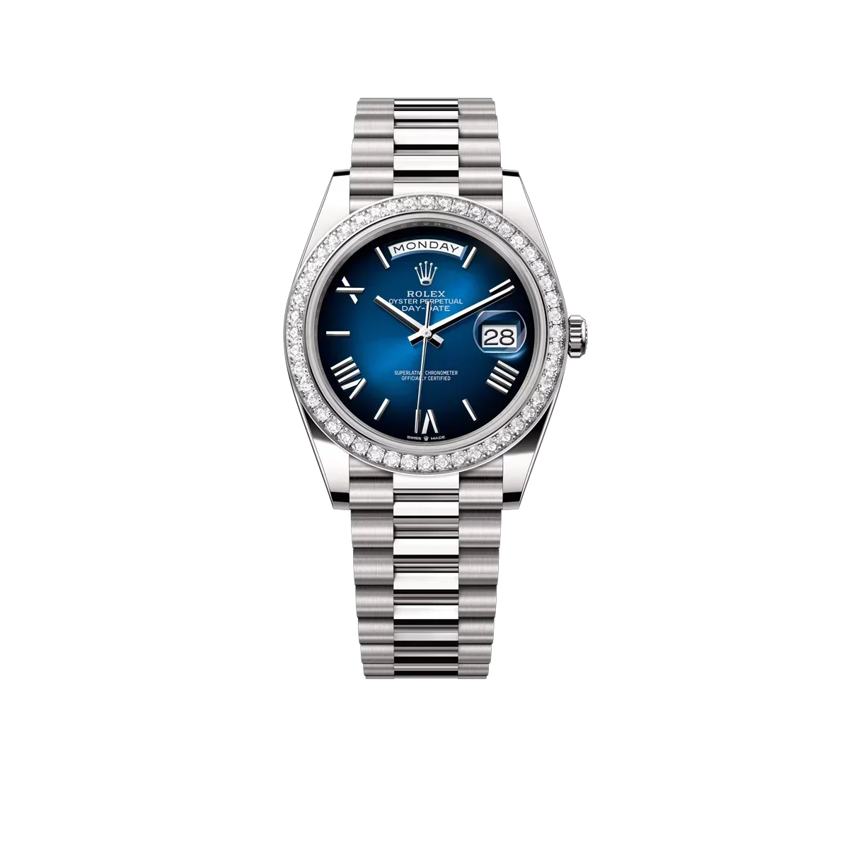 Day-date Oyster Perpetual 40mm White Gold Blue Ombré Dial, Diamond-set bezel M228349RBR-0045