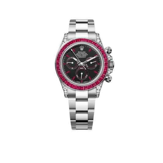 Daytona 126599TRU White Gold Diamond Black Dial Ruby Bezel
