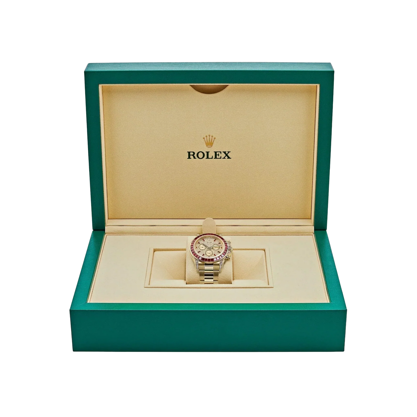 Daytona 126598TRU Yellow Gold Ruby Bezel Diamond Pave Dial