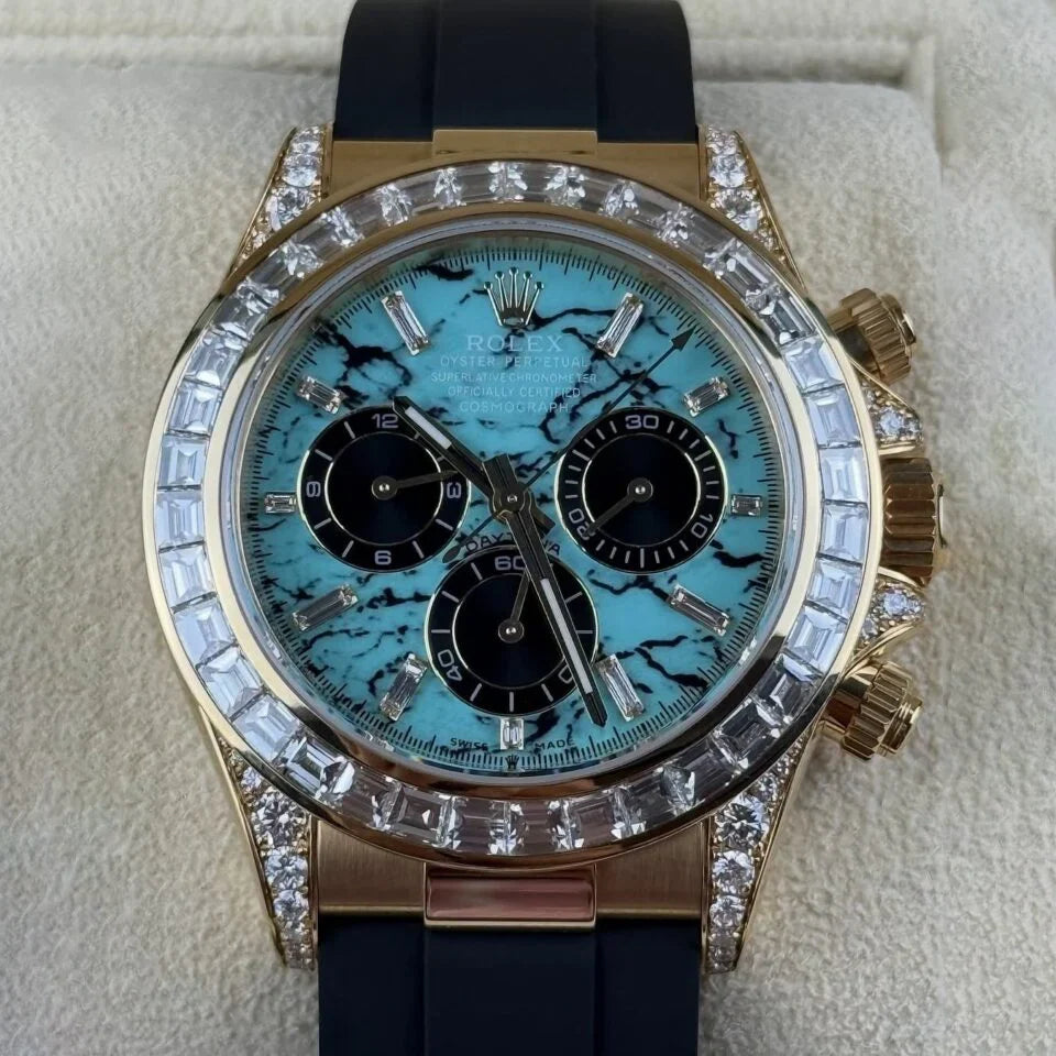 Daytona 126538TBR Yellow Gold Turquoise Stone Dial Diamond Bezel Oysterflex