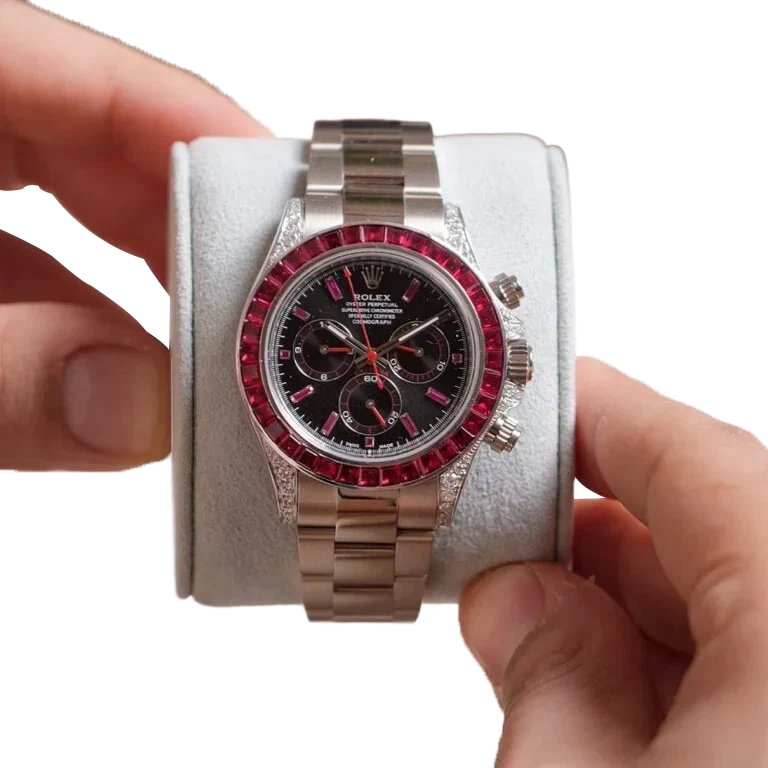Daytona 126599TRU White Gold Diamond Black Dial Ruby Bezel