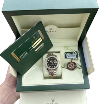 Datejust 36mm Black Dial Steel Yellow Gold Diamond Mens Watch 116243