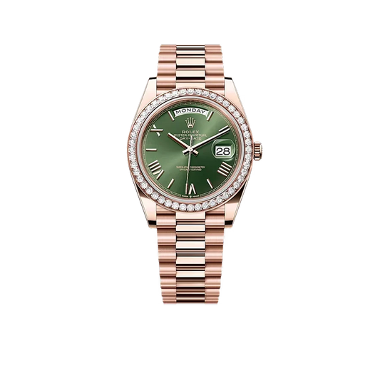 Day-Date President 40mm Everose Gold Olive Green Roman Dial Diamond Bezel - 228345RBR - New 2025