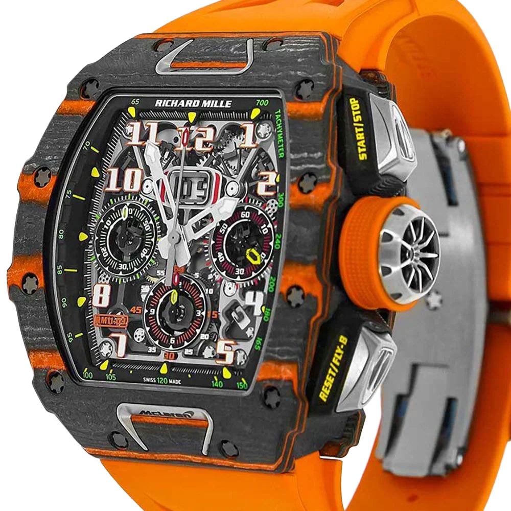 RM 11-03 McLaren Carbon TPT, Skeleton Dial, Orange Strap, 50 mm