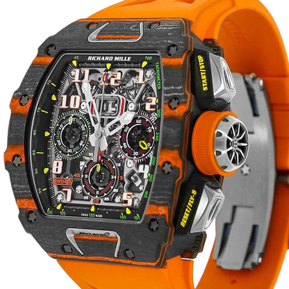 RM 11-03 McLaren Carbon TPT, Skeleton Dial, Orange Strap, 50 mm