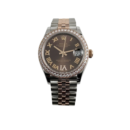 Lady-Datejust 31mm 278381RBR Stainless Steel Rose Gold Brown Roman Numerals Diamond Dial Diamond Bezel Jubilee