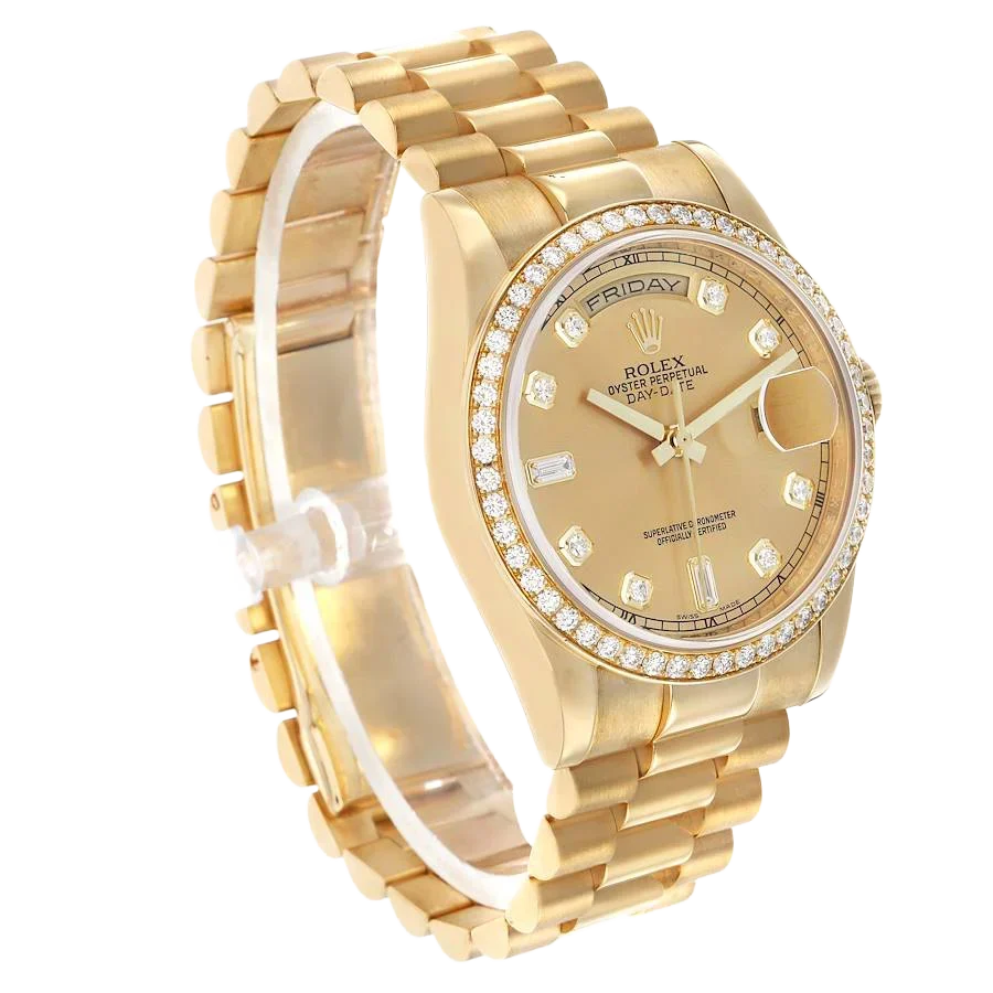 President Day-Date 36mm Yellow Gold Diamond Bezel Mens Watch 118348