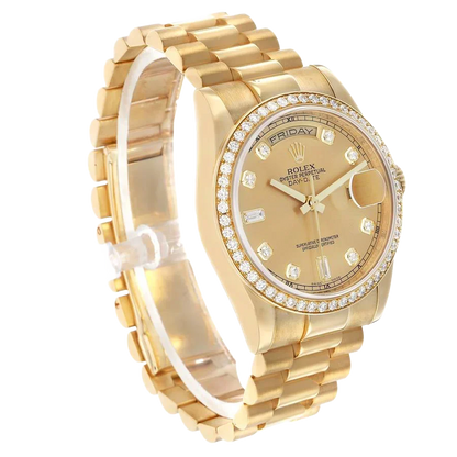 President Day-Date 36mm Yellow Gold Diamond Bezel Mens Watch 118348