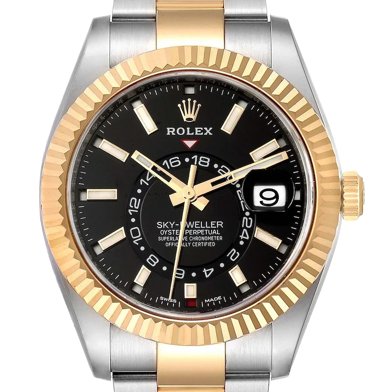 Sky Dweller 42mm Yellow Gold Steel Black Dial Mens Watch 326933
