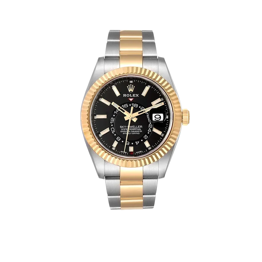 Sky Dweller 42mm Yellow Gold Steel Black Dial Mens Watch 326933