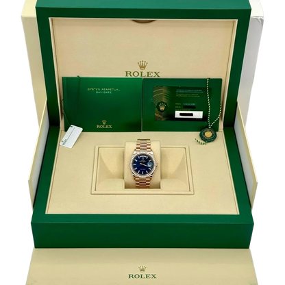 Day-Date 36mm 128345RBR Rose Gold Diamond Bezel Blue-Green Baguette Marker Dial