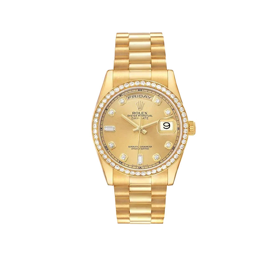 President Day-Date 36mm Yellow Gold Diamond Bezel Mens Watch 118348